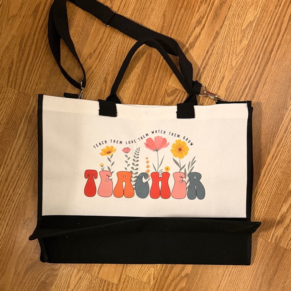 Teacher Canvas Tote Bag in White and Black with Floral Graphic